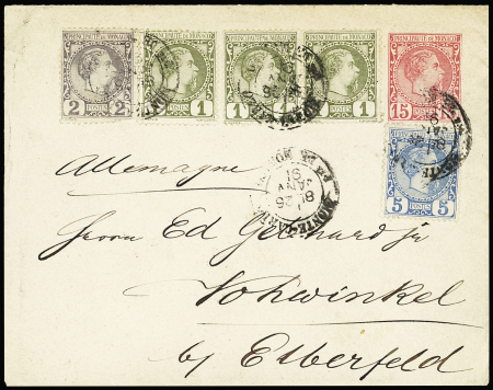 N°1 + 2 + 3 1c. olive (3), 2c. violet-gris et 5c. bleu obl. càd MONTE-CARLO 26/1/91 s. Env. Entier 15c. rose, arr. KOHWINKEL, TB