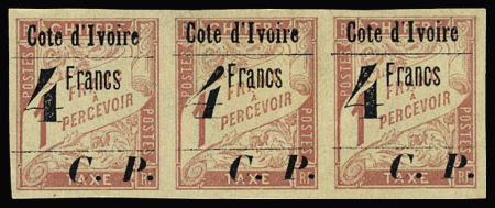 COLIS POSTAUX N°21a 4f. s. 1f. rose s. paille, surch. II "4 PENCHE" au milieu d'une BANDE de 3, neuf *, TTB