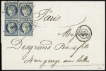 N°4 25c bleu, 4 ex. formant un BLOC de 4 obl. PC 1818 s. LAC, càd T15 LYON 13/5/52, TTB