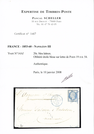 N°14A 20c bleu, obl. ETOILE BLEUE s. LAC, càd BLEU 1 PARIS 1 (60) 19/7/54, Superbe. Signé JF.Brun, cert. Scheller