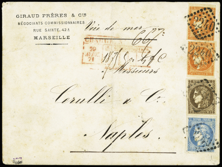 N°46B, 47 et 48, 20c. T III, 30c. et 40c. (2 dont 1 touché), obl. GC 2240 s. Env. CHARGE, collecteur rouge MARSEILLE 29/4/71, arr. NAPOLI 3/5