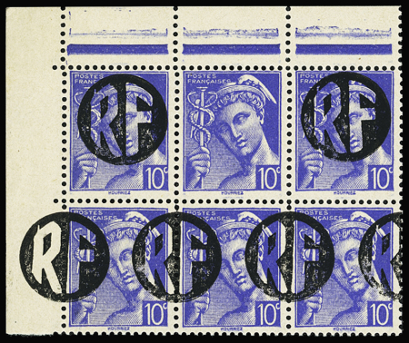 CHOLET N°1 10c outremer, BLOC de 6 dont 1 timbre SANS