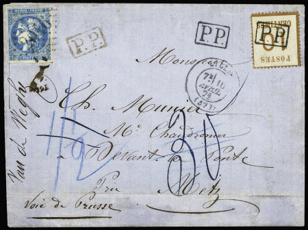 GC 2046/N° 46 Cad T 17 LILLE (57) 16 avril 71 sur lettre pour Metz par la voie de Prusse, P.P. rouge. L'expéditeur a affranchi la lettre avec un timbre Als. 10c. et réglé 10c en numéraire, cette somme a été remise