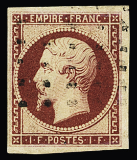N°18 1f carmin, obl. gros points carrés, bien margé,