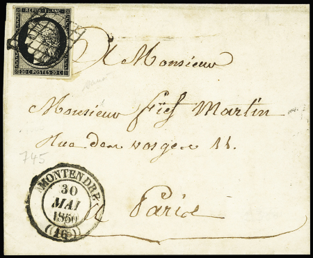 N°3 OBL grille + T14 Montendre (1850) sur lettre, ind 20. TB