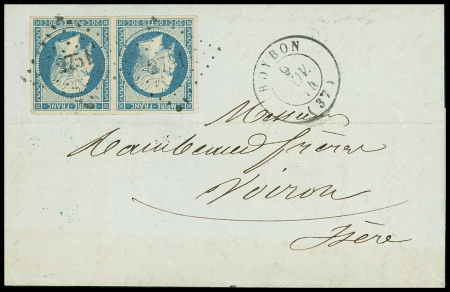 N°14Af 20c bleu laiteux en paire obl. PC 2751 (Roybon,