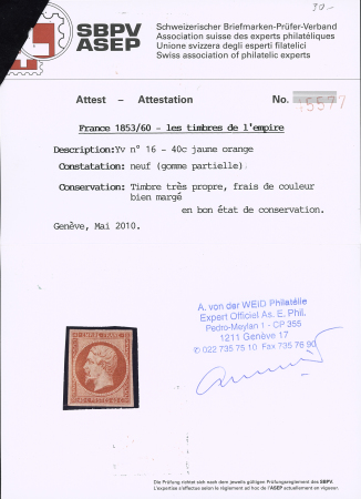N°16 40c orange neuf, gomme partielle, très propre