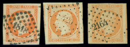 N°16 40c orange, 3 exemplaires obl. avec très belles
