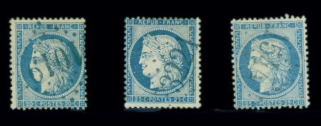 N°60 20c bleu, 3 exemplaires avec obl GC Bleu 1019