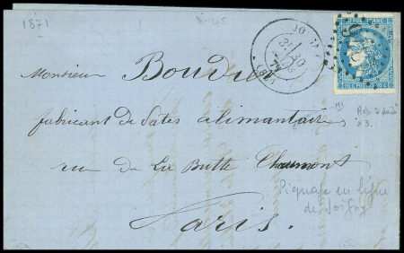 Piquage de Joigny sur n°46B 20c bleu obl. GC sur lettre
