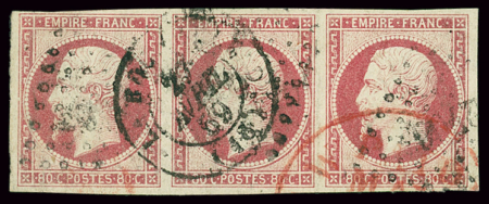 N°17B 80c rose en bande de trois, obl. PC +càd + cachet