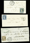 3 lettres : n°4 OBL PC 2225 + T15 "Nantua (1)" (1852). N°4 OBL PC 2340 + T15 "Orléans (43)" (43). N°5 40c orange, nuance oxydée, OBL losange de points "DS2" + T15 "(DS2) Paris (DS2) 60" (1853)