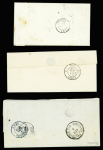 3 lettres : n°4 OBL PC 2225 + T15 "Nantua (1)" (1852). N°4 OBL PC 2340 + T15 "Orléans (43)" (43). N°5 40c orange, nuance oxydée, OBL losange de points "DS2" + T15 "(DS2) Paris (DS2) 60" (1853)