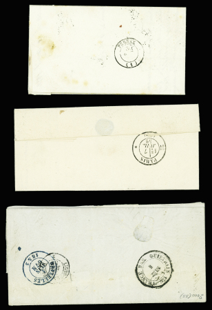 3 lettres : n°4 OBL PC 2225 + T15 "Nantua (1)" (1852). N°4 OBL PC 2340 + T15 "Orléans (43)" (43). N°5 40c orange, nuance oxydée, OBL losange de points "DS2" + T15 "(DS2) Paris (DS2) 60" (1853)