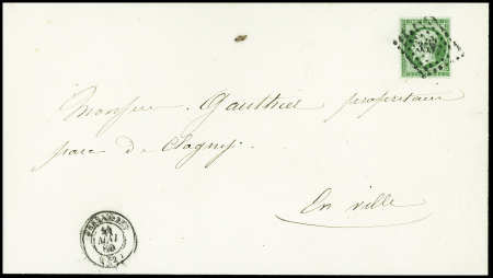 N°12 5c vert, OBL PC 3537 + T15 "Versailles (72)" (1860) sur faire-part de deuil, TB