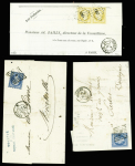2 lettres : n°13 10c jaune-citron, en paire, OBL PC 1263 + T15 La Ferté-Gaucher 73" (1854) signé Calves et n°14E, 20c bleu ciel sur lilas OBL PC 2340 + T15 Orléans (1858), signé JF.Brun et n°14, piquage Susse OBL losange