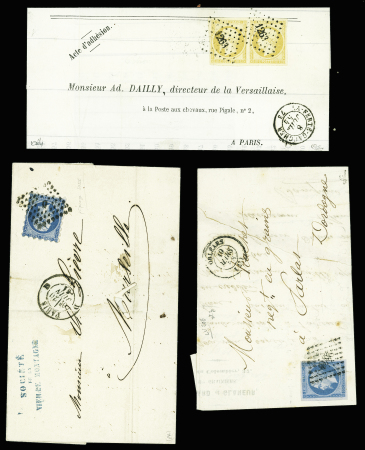 2 lettres : n°13 10c jaune-citron, en paire, OBL PC 1263 + T15 La Ferté-Gaucher 73" (1854) signé Calves et n°14E, 20c bleu ciel sur lilas OBL PC 2340 + T15 Orléans (1858), signé JF.Brun et n°14, piquage Susse OBL losange