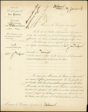 N°14 sur lettre avec T15 "Macon (70)" (3 janv 56) + taxe 30 double-trait + mention manuscrite "taxe pour timbres faux" + dossier de saisie comprenant 4 pièces, TB