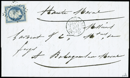 N°15 25c bleu, OBL losange de points "DS" + T15 "(DS) Paris (DS) 60" (1854) sur lettre, TB