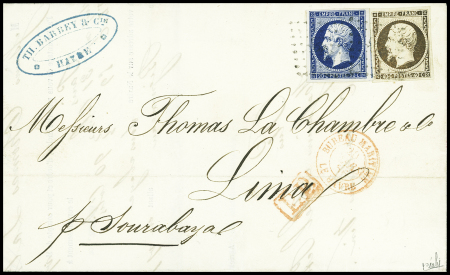 N°14 + 16 OBL PC 1495 noir + CAD rouge "bureau maritime Le Havre" (1856) sur lettre pour Lima (Pérou) avec arrivée