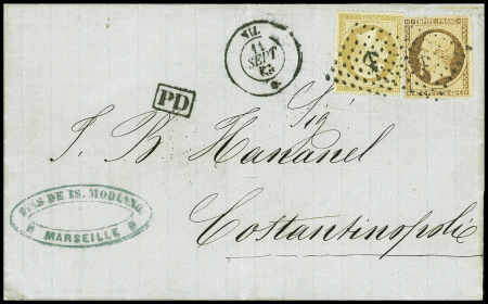 N°21 + 23 OBL ancre + CAD "Nil" (11 sept 64) sur lettre pour Constantinople (Salles n°805), ind 18, TB