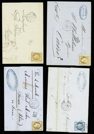5 lettres AFF divers dont 1 AFF n°16 : n°23 OBL ancre + CAD "Moeris". N°31 OBL ancre + CAD rond 'Ligne U PAQ. FR N°4" (1869) sur lettre de Marseille pour Messine. N°60 OBL GC 2240 + CAD "Ligne U PAQ. FR N°2" (1869)