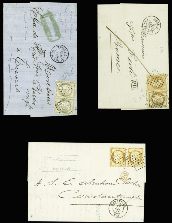 3 lettres : n°28 + 30 OBL ancre + CAD rond "Ligne W PAQ. FR N°2" (1869) sur lettre de Marseille pour Rome. N°56 en paire OBL GC 5015 + CAD "Marseille boite mobile (1874) sur lettre de Marseille pour Tunis. N°38 en paire