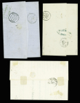 3 lettres : n°28 + 30 OBL ancre + CAD rond "Ligne W PAQ. FR N°2" (1869) sur lettre de Marseille pour Rome. N°56 en paire OBL GC 5015 + CAD "Marseille boite mobile (1874) sur lettre de Marseille pour Tunis. N°38 en paire
