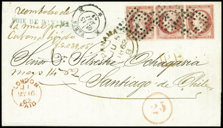N°17B 80c rose en bande de 3 OBL losange de points "K" + CAD "K Paris K" (1862) sur lettre pour Santiago du Chili avec CAD de transit Panama au recto. TB