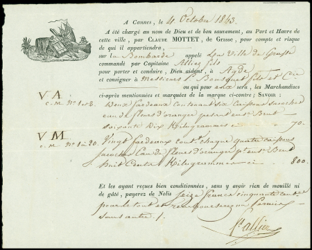 10 connaissements maritimes (1787 - 1878), la plupart illustrés de navires