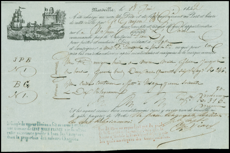 10 connaissements maritimes (1787 - 1878), la plupart illustrés de navires