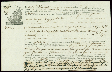 10 connaissements maritimes (1787 - 1878), la plupart illustrés de navires