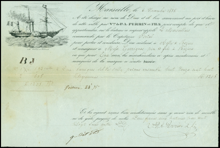 10 connaissements maritimes (1787 - 1878), la plupart illustrés de navires