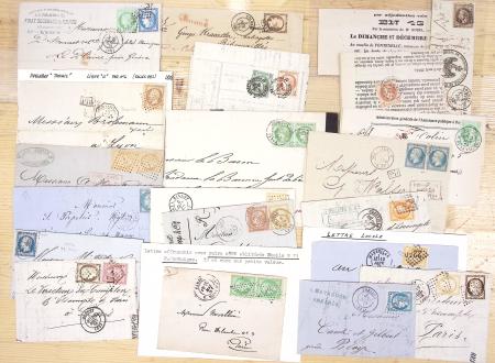 45 lettres classiques avec AFF variés dont n°30 OBL GC 1076 + T17 Colmar (1869) sur bande chargée, n°48 OBL GC 1706 + T17 Granville (1872), n°38 OBL losange de points ambulant "GP2°" + conv station A. CH." (1875)