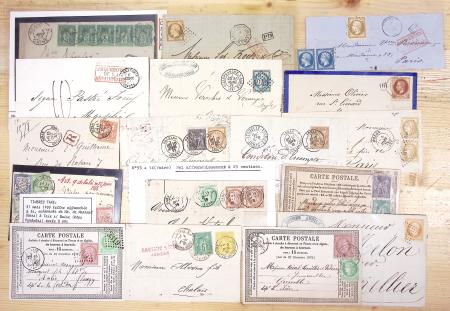 33 lettres choisies période classique et Sage dont n°43 en paire OBL GC 3096 + T17 Redon (1871), n°26 OBL T15 Alençon (1865) sur bande de deuil, AFF composé Cérès-Sage n°38 + 89 OBL Orléans et n°75 + 54 OBL convoyeur-sta