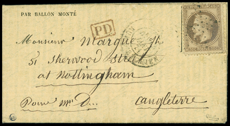 N°30 OBL étoile 4 + CAD "Paris R. d'Enghien" (13 janv 71) sur Gazette des Absents n°25 pour Nottingham (GB) avec arrivée 16 nov, TB
