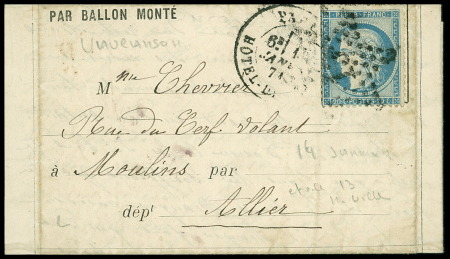N°37 OBL étoile 13 + CAD "Paris Hotel de Ville" (14 janv 71) sur ballon monté pour Moulins sur Allier avec arrivée 16 nov, TB