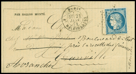 LE GENERAL DAUMESNIL N°37 OBL étoile 13 + CAD "Paris Bt Melesherbes" (21 janv 71) sur Gazette des Absents n°30 pour Granville, Manche (arrivée 25 janv) réexpédiée à Avranches (arrivée 26 janv), Le Général Daumesnil, TB