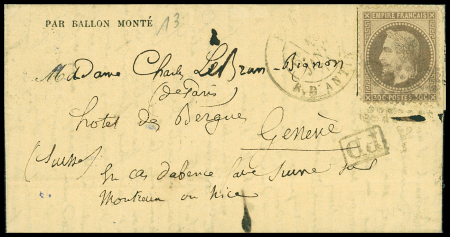 LE TORRICELLI N°30 OBL étoile 8 + CAD "Paris R. d'Antin" (18 janv 71) sur Gazette des Absents n°28 pour Genève (1.2.1871) (Le Torricelli probable), TB