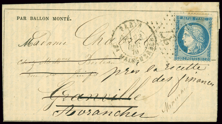LE TOURVILLE N°37 OBL étoile 37 + CAD "Paris Bt Malesherbes" (23 dec 1870) sur Gazette des Absents n°18 pour Granville, Manche (arrivée 31 dec 70) réexpédiée à Avranches (arrivée 1 janv 71) (Le Toricelli). TB