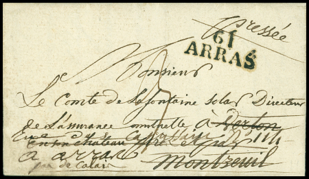 Lettre d'Arras pour le château de Verton par Montreuil avec au verso MP "Deb 61 Montreuil-s-Mer" (1824 - ind 19). TB