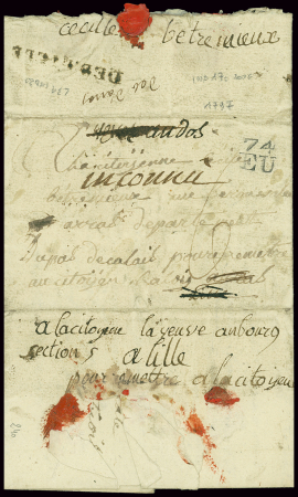 Lettre avec MP "74 Eu" pour Paris réexpédiée à Lille avec MP "Deb Lille" (L31) et "Deb d'Arras" (L20 - ind 20) (1797)