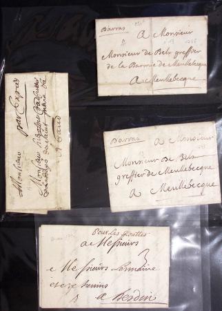 57 lettres anciennes du Pas de Calais dans un classeur noir dont Arras (1705 - 1710 etc), Aire (1704 et 1744), "Deb d'Aire" (1804 - manuscrit), 2 marques "Franc" manuscrit sur lettres de Calais pour Boulogne sur Mer