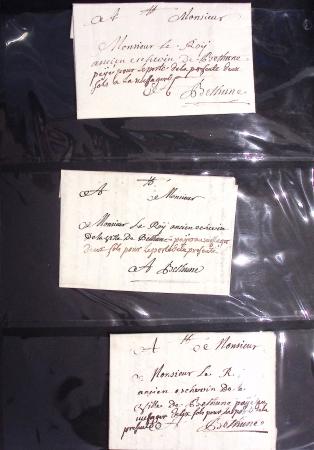 57 lettres anciennes du Pas de Calais dans un classeur noir dont Arras (1705 - 1710 etc), Aire (1704 et 1744), "Deb d'Aire" (1804 - manuscrit), 2 marques "Franc" manuscrit sur lettres de Calais pour Boulogne sur Mer