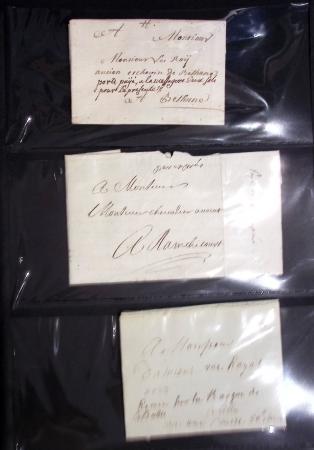 57 lettres anciennes du Pas de Calais dans un classeur noir dont Arras (1705 - 1710 etc), Aire (1704 et 1744), "Deb d'Aire" (1804 - manuscrit), 2 marques "Franc" manuscrit sur lettres de Calais pour Boulogne sur Mer