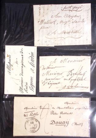 57 lettres anciennes du Pas de Calais dans un classeur noir dont Arras (1705 - 1710 etc), Aire (1704 et 1744), "Deb d'Aire" (1804 - manuscrit), 2 marques "Franc" manuscrit sur lettres de Calais pour Boulogne sur Mer