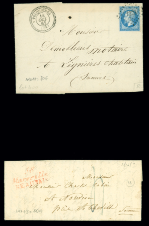 2 lettres : cursive rouge "58 Marseille Beauvais" (ind 18) et n°14 OBL PC 1278 + T22 "Feurquières (58)" (1862 - ind 11). TB