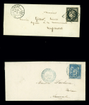 2 lettres : n°3 OBL grille + T15" Foucarmont (74)" (1849 - ind 18)= et n°90 OBL CAD bleu "Foucarmont Seine Inférieure" (1881). TB