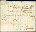 MP "de Rouen à Paris" (1767 - L20) + "Franc" manuscrit sur lettre pour Londres, ind 23. TB
