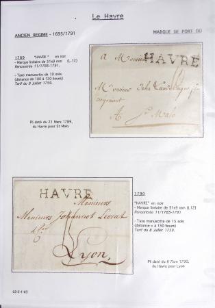 Ensemble de 59 plis du Havre et de Dieppe dont n°47 sur lettre, poste maritime, bureau d'Ingouville, Grasville, cachet rect d'essai rouge du Havre, fev 1828